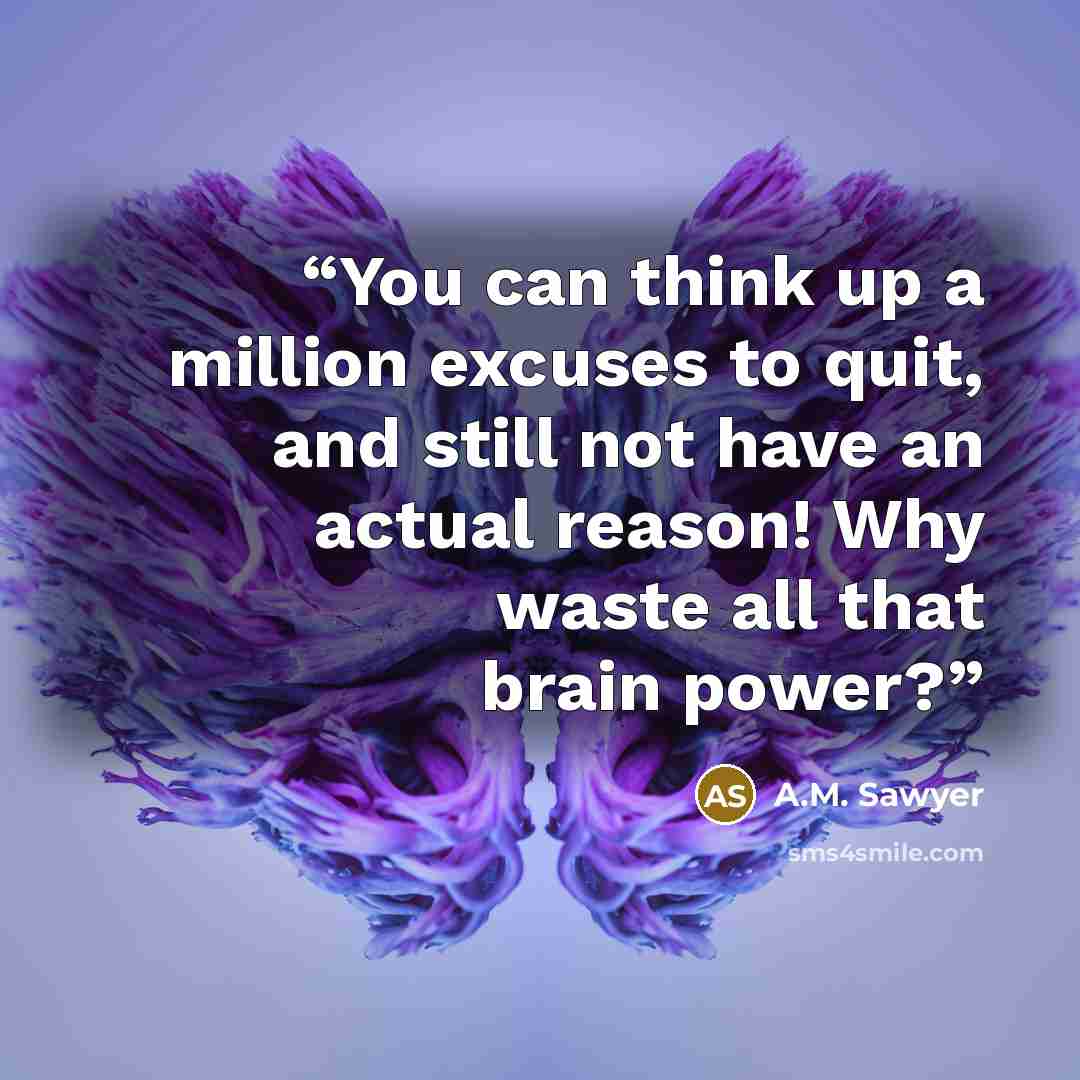 “You can think up a million excuses to quit, and still not have an actual reason! Why waste all that brain power?” quote by A.M. Sawyer