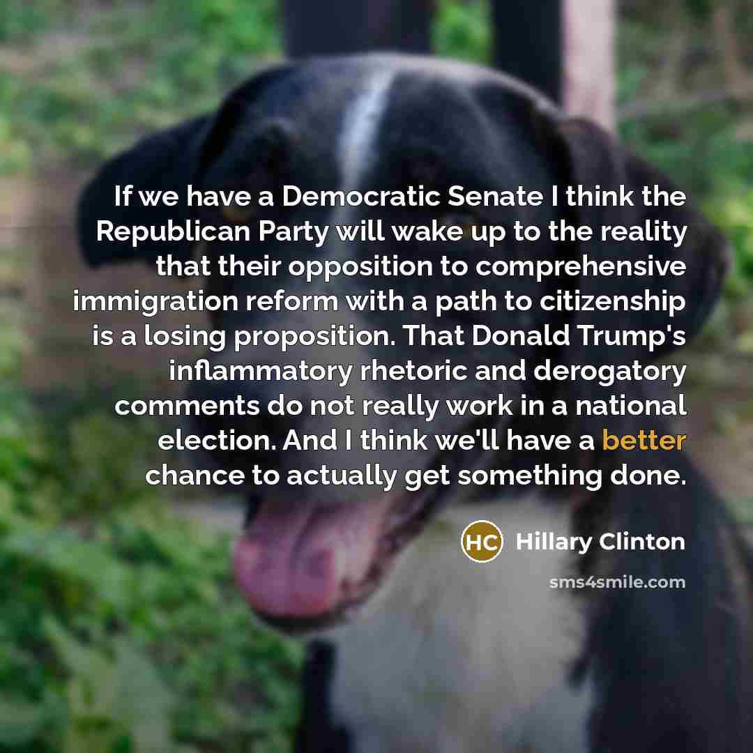 “If we have a Democratic Senate I think the Republican Party will wake up to the reality that their opposition to comprehensive immigration reform with a path to citizenship is a losing proposition. That Donald Trump's inflammatory rhetoric and derogatory comments do not really work in a national…” quote by Hillary Clinton