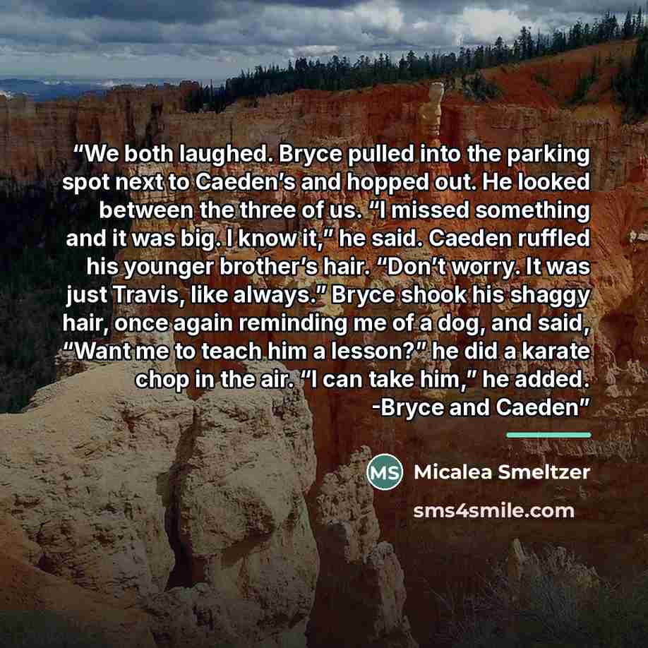 “We both laughed. Bryce pulled into the parking spot next to Caeden’s and hopped out. He looked between the three of us. “I missed something and it was big. I know it,” he said. Caeden ruffled his younger brother’s hair. “Don’t worry. It was just Travis, like always.” Bryce shook his shaggy hair…” quote by Micalea Smeltzer