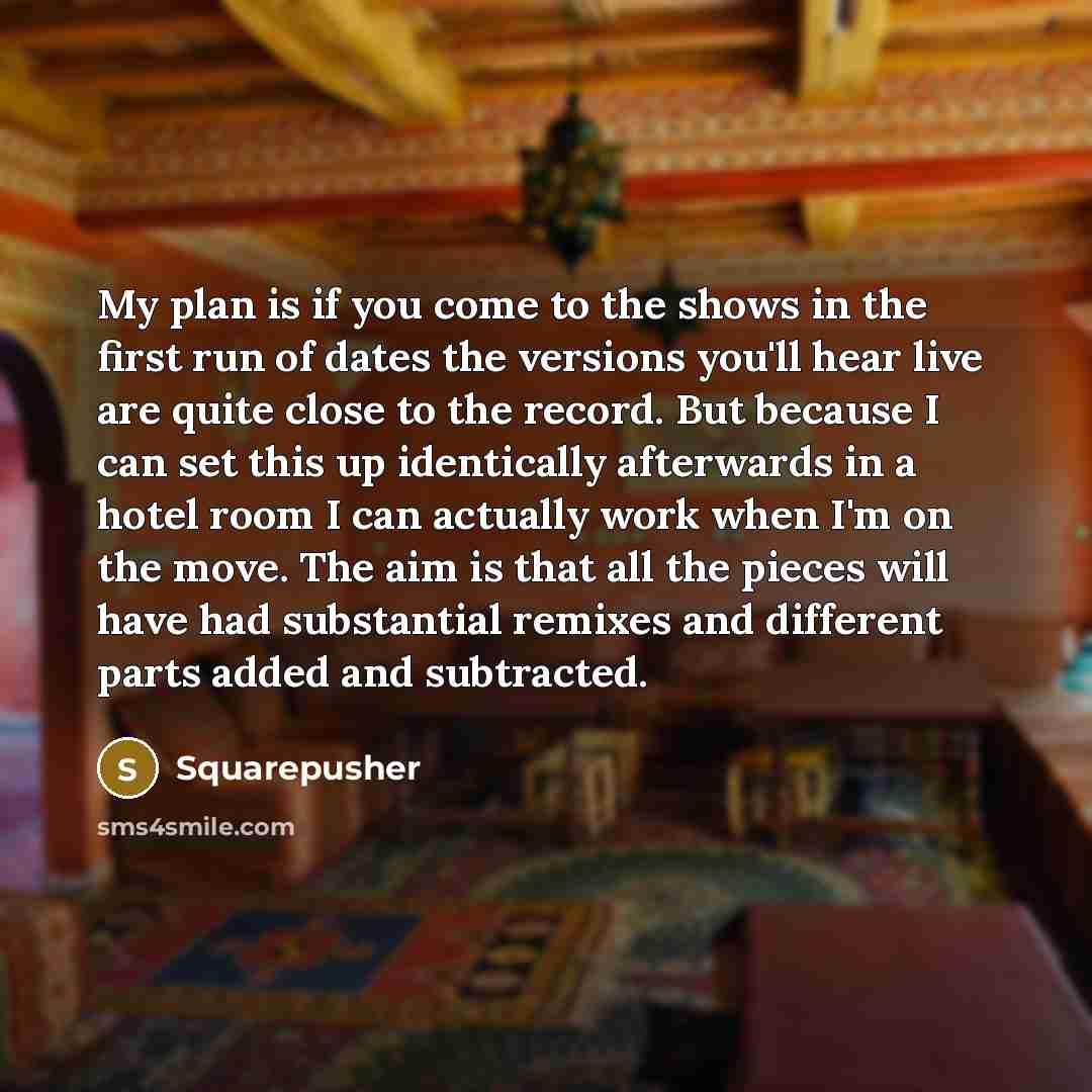“My plan is if you come to the shows in the first run of dates the versions you'll hear live are quite close to the record. But because I can set this up identically afterwards in a hotel room I can actually work when I'm on the move. The aim is that all the pieces will have had substantial remixes…” quote by Squarepusher