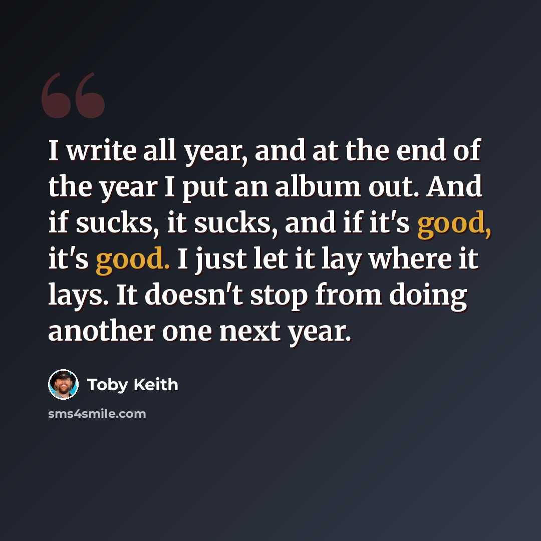 “I write all year, and at the end of the year I put an album out. And if sucks, it sucks, and if it's good, it's good. I just let it lay where it lays. It doesn't stop from doing another one next year.” quote by Toby Keith