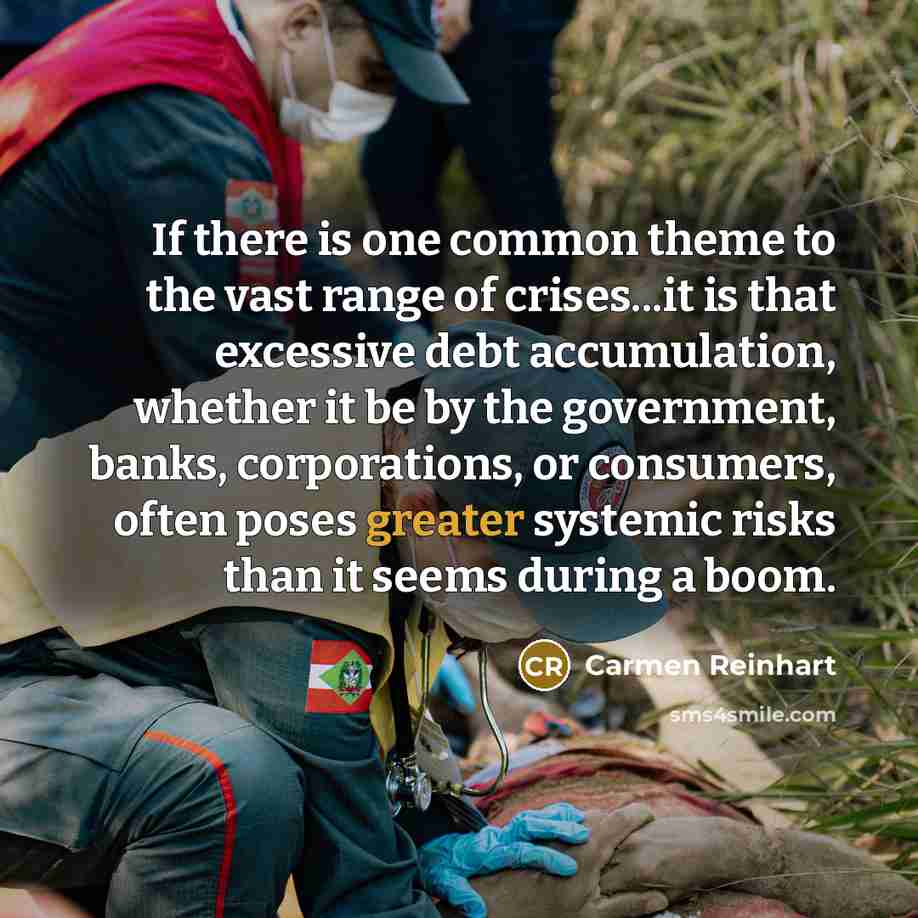 “If there is one common theme to the vast range of crises...it is that excessive debt accumulation, whether it be by the government, banks, corporations, or consumers, often poses greater systemic risks than it seems during a boom.” quote by Carmen Reinhart