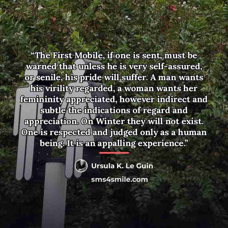 “The First Mobile, if one is sent, must be warned that unless he is very self-assured, or senile, his pride will suffer. A man wants his virility regarded, a woman wants her femininity appreciated, however indirect and subtle the indications of regard and appreciation. On Winter they will not…” quote by Ursula K. Le Guin