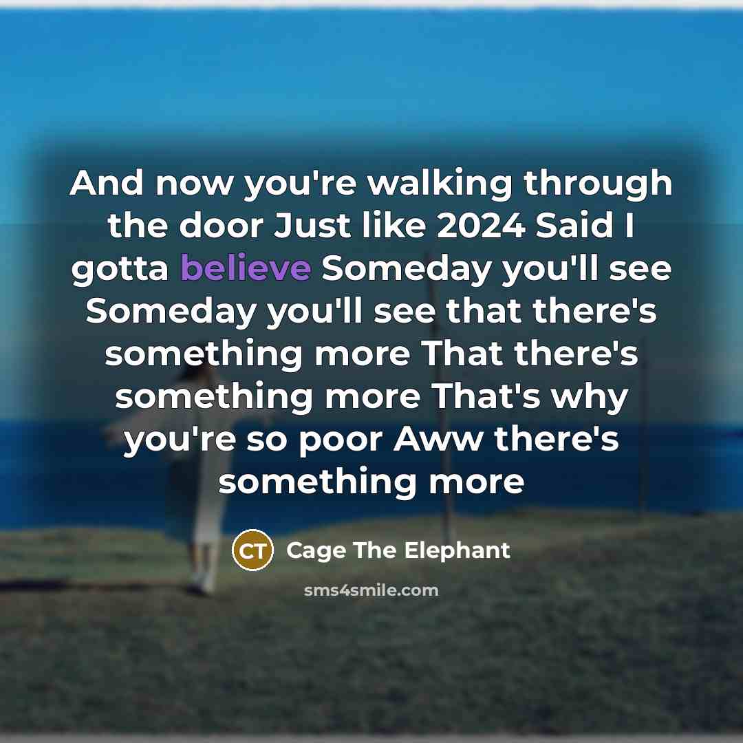 “And now you're walking through the door Just like 2024 Said I gotta believe Someday you'll see Someday you'll see that there's something more That there's something more That's why you're so poor Aww there's something more” quote by Cage The Elephant