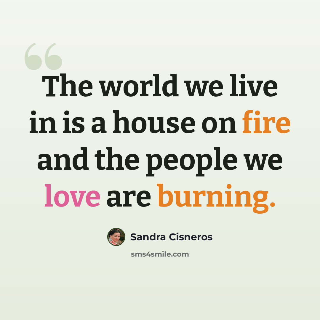 “The world we live in is a house on fire and the people we love are burning.” quote by Sandra Cisneros