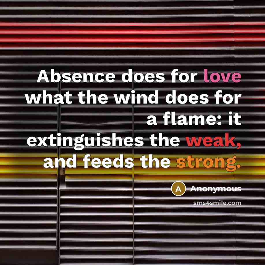 “Absence does for love what the wind does for a flame: it extinguishes the weak, and feeds the strong.” quote by Anonymous