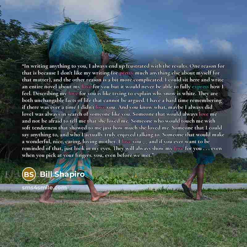 “In writing anything to you, I always end up frustrated with the results. One reason for that is because I don't like my writing (or pretty much anything else about myself for that matter), and the other reason is a bit more complicated. I could sit here and write an entire novel about my love for…” quote by Bill Shapiro