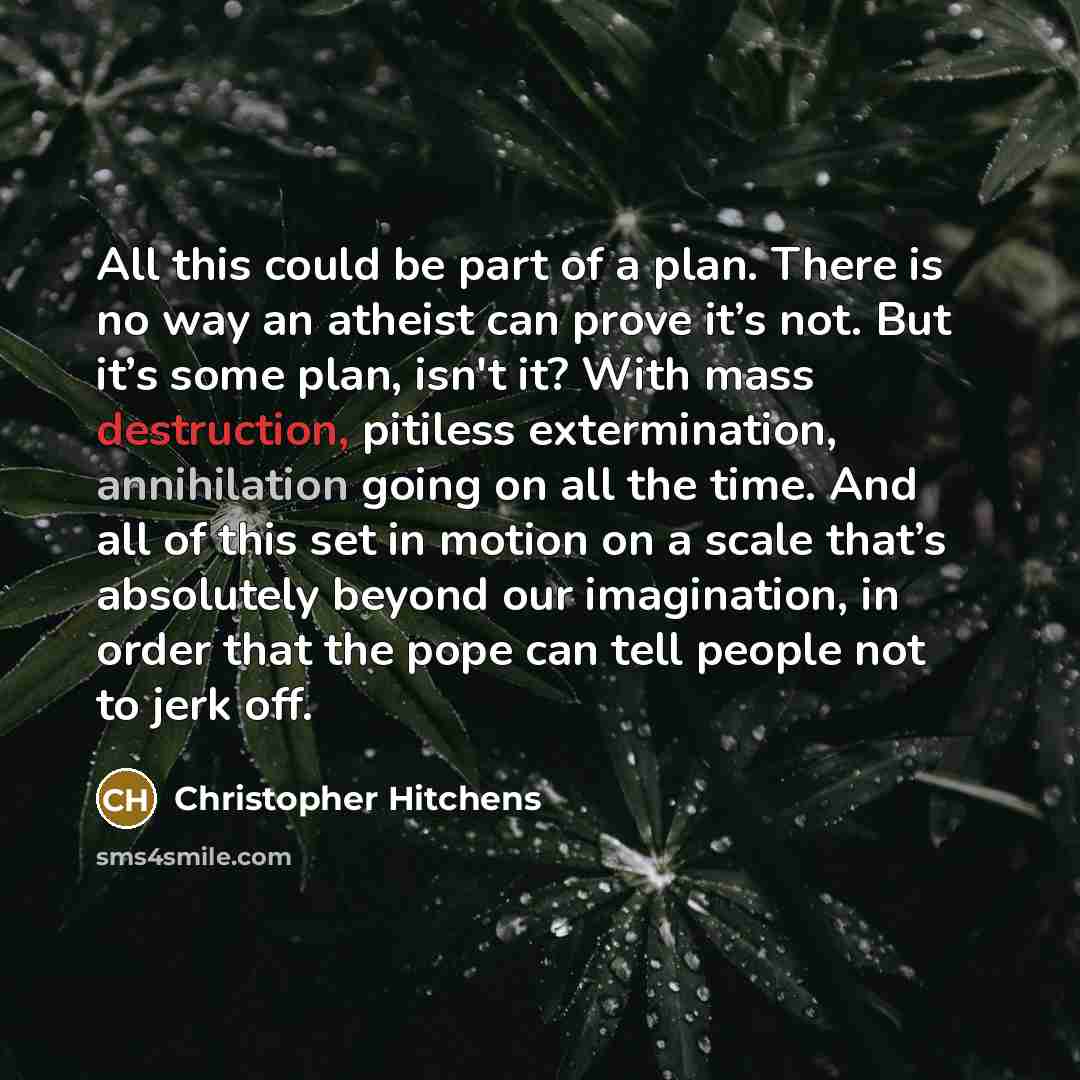“All this could be part of a plan. There is no way an atheist can prove it’s not. But it’s some plan, isn't it? With mass destruction, pitiless extermination, annihilation going on all the time. And all of this set in motion on a scale that’s absolutely beyond our imagination, in order that the…” quote by Christopher Hitchens