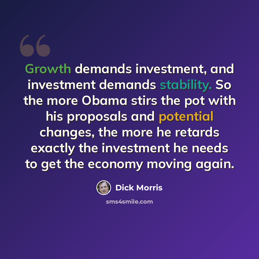 “Growth demands investment, and investment demands stability. So the more Obama stirs the pot with his proposals and potential changes, the more he retards exactly the investment he needs to get the economy moving again.” quote by Dick Morris