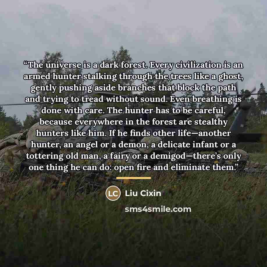 “The universe is a dark forest. Every civilization is an armed hunter stalking through the trees like a ghost, gently pushing aside branches that block the path and trying to tread without sound. Even breathing is done with care. The hunter has to be careful, because everywhere in the forest are…” quote by Liu Cixin