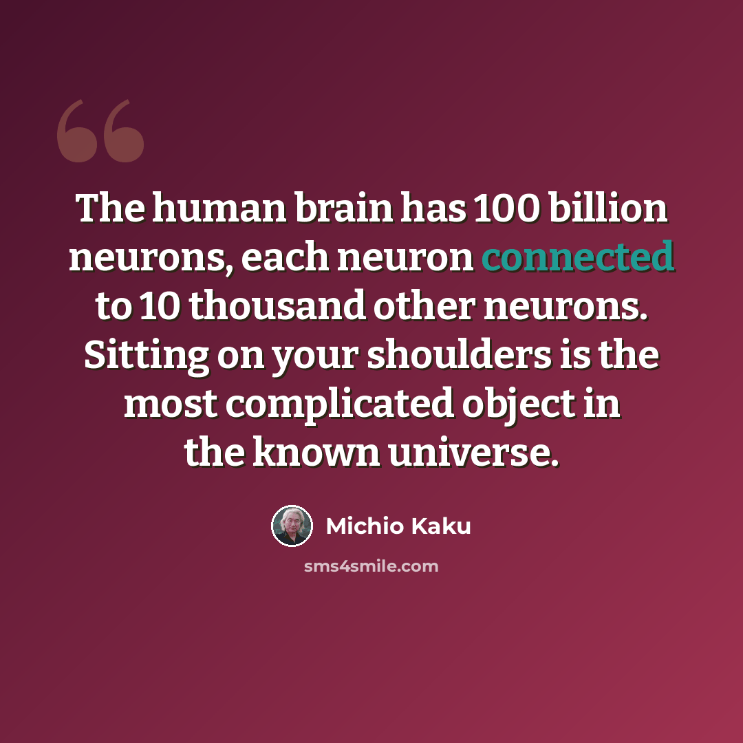 “The human brain has 100 billion neurons, each neuron connected to 10 thousand other neurons. Sitting on your shoulders is the most complicated object in the known universe.” quote by Michio Kaku