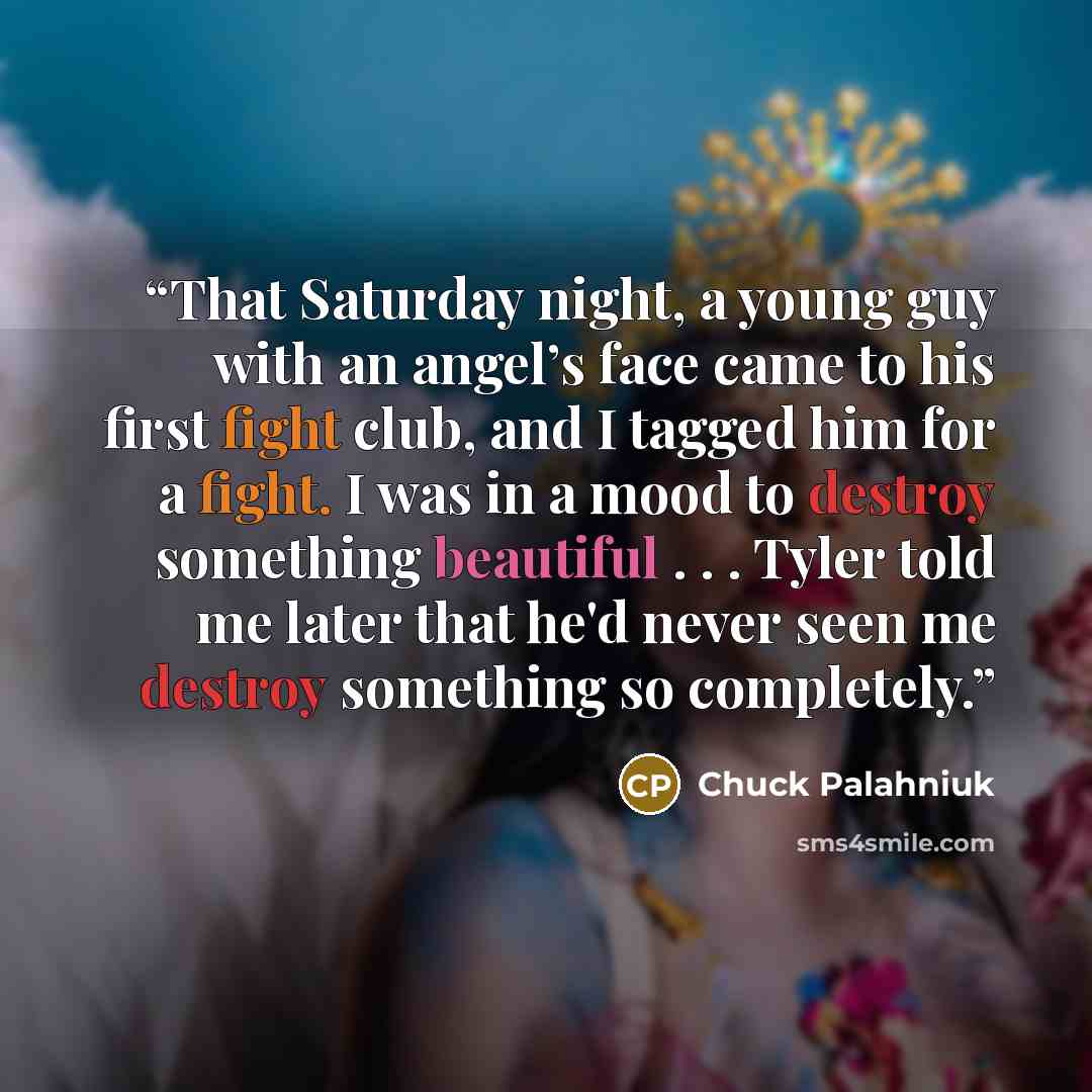 “That Saturday night, a young guy with an angel’s face came to his first fight club, and I tagged him for a fight. I was in a mood to destroy something beautiful . . . Tyler told me later that he'd never seen me destroy something so completely.” quote by Chuck Palahniuk