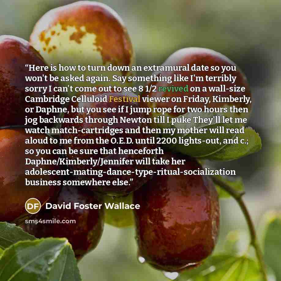 “Here is how to turn down an extramural date so you won't be asked again. Say something like I'm terribly sorry I can't come out to see 8 1/2 revived on a wall-size Cambridge Celluloid Festival viewer on Friday, Kimberly, or Daphne, but you see if I jump rope for two hours then jog backwards…” quote by David Foster Wallace