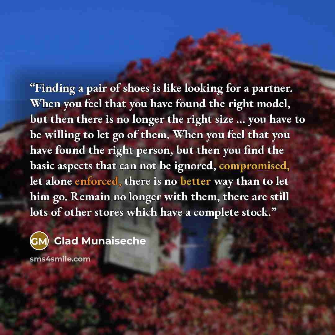 “Finding a pair of shoes is like looking for a partner. When you feel that you have found the right model, but then there is no longer the right size ... you have to be willing to let go of them. When you feel that you have found the right person, but then you find the basic aspects that can not be…” quote by Glad Munaiseche