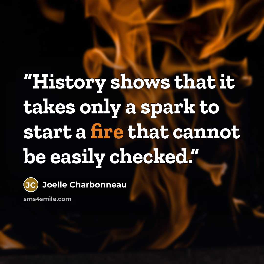 “History shows that it takes only a spark to start a fire that cannot be easily checked.” quote by Joelle Charbonneau