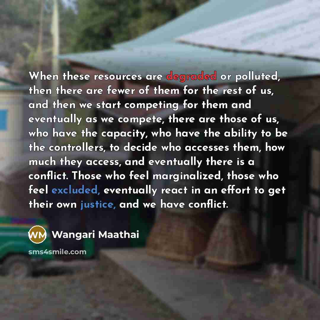 “When these resources are degraded or polluted, then there are fewer of them for the rest of us, and then we start competing for them and eventually as we compete, there are those of us, who have the capacity, who have the ability to be the controllers, to decide who accesses them, how much they…” quote by Wangari Maathai