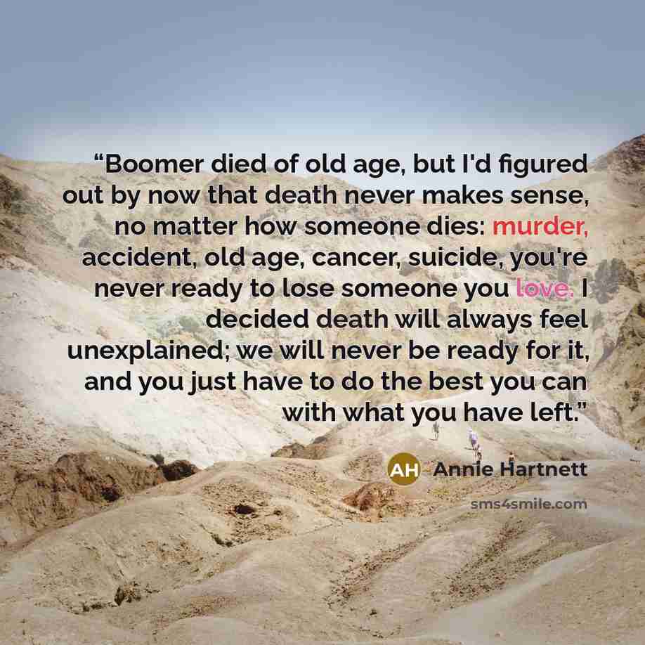 “Boomer died of old age, but I'd figured out by now that death never makes sense, no matter how someone dies: murder, accident, old age, cancer, suicide, you're never ready to lose someone you love. I decided death will always feel unexplained; we will never be ready for it, and you just have to do…” quote by Annie Hartnett