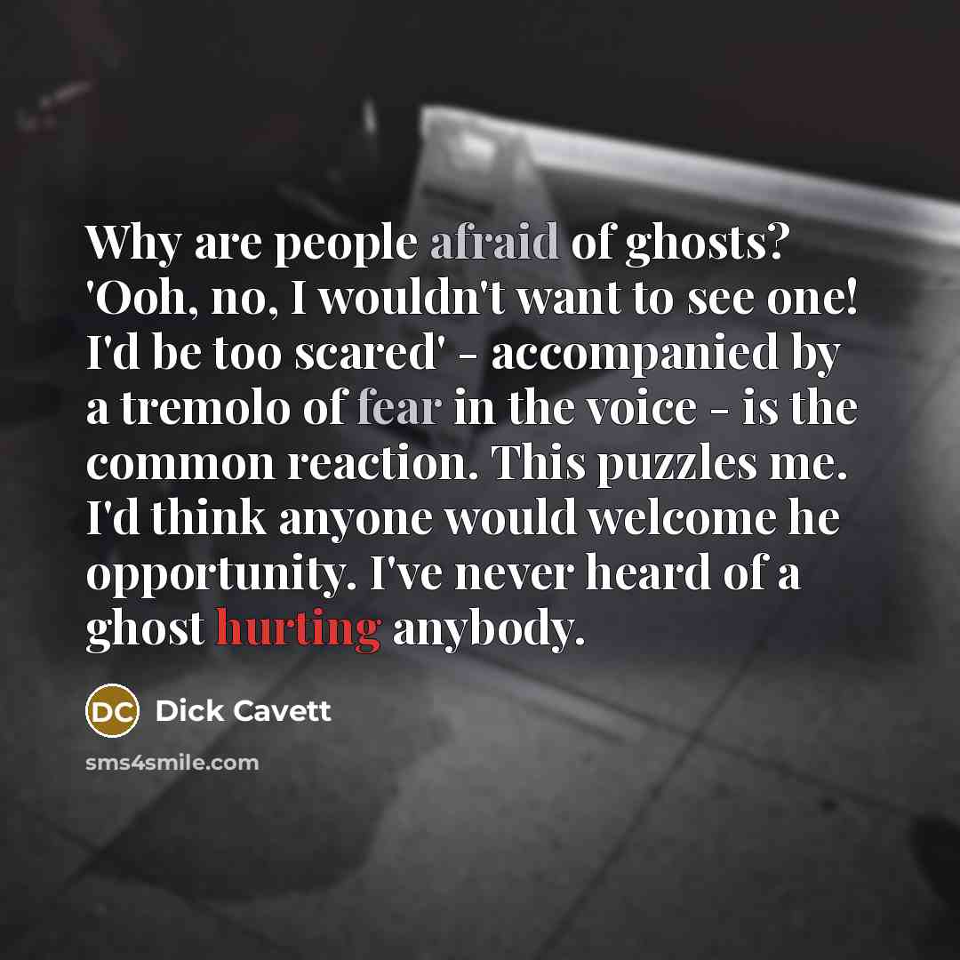“Why are people afraid of ghosts? 'Ooh, no, I wouldn't want to see one! I'd be too scared' - accompanied by a tremolo of fear in the voice - is the common reaction. This puzzles me. I'd think anyone would welcome he opportunity. I've never heard of a ghost hurting anybody.” quote by Dick Cavett