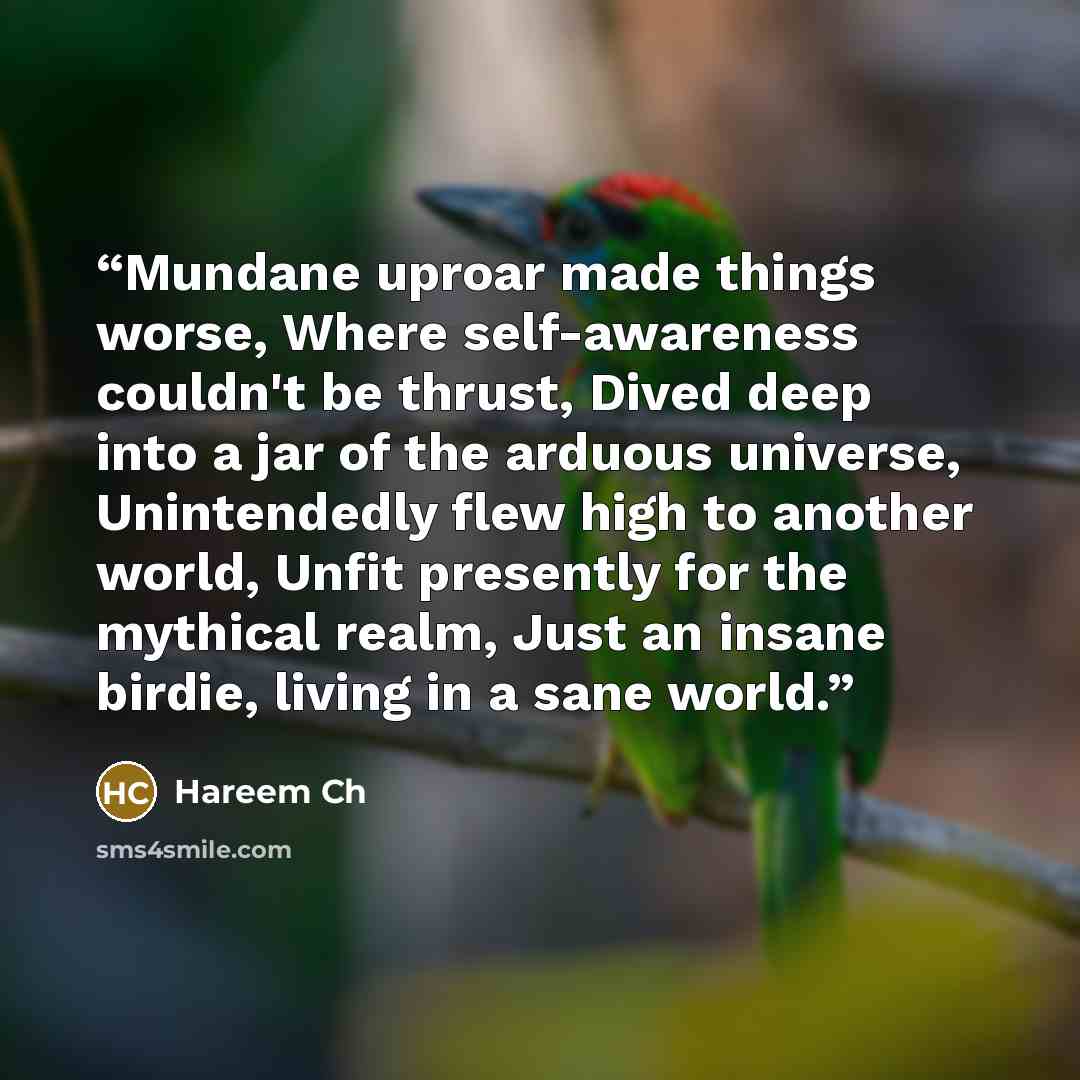 “Mundane uproar made things worse, Where self-awareness couldn't be thrust, Dived deep into a jar of the arduous universe, Unintendedly flew high to another world, Unfit presently for the mythical realm, Just an insane birdie, living in a sane world.” quote by Hareem Ch