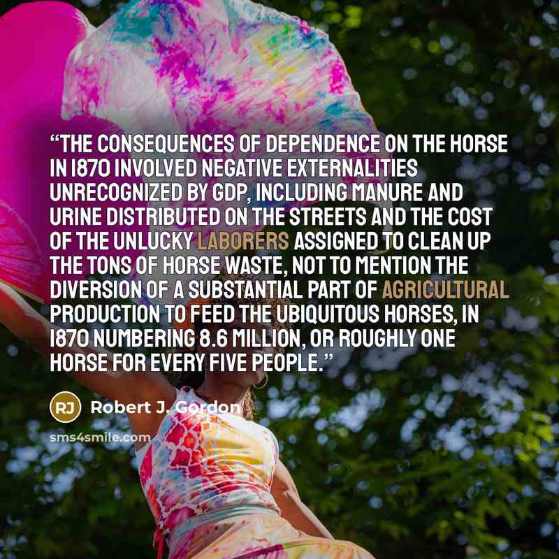 “The consequences of dependence on the horse in 1870 involved negative externalities unrecognized by GDP, including manure and urine distributed on the streets and the cost of the unlucky laborers assigned to clean up the tons of horse waste, not to mention the diversion of a substantial part of…” quote by Robert J. Gordon