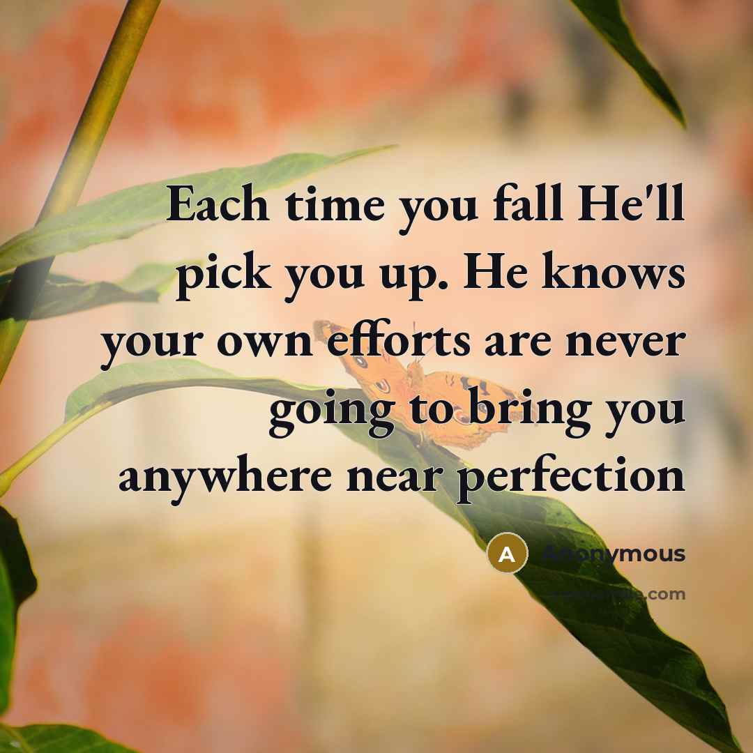 “Each time you fall He'll pick you up. He knows your own efforts are never going to bring you anywhere near perfection” quote by Anonymous