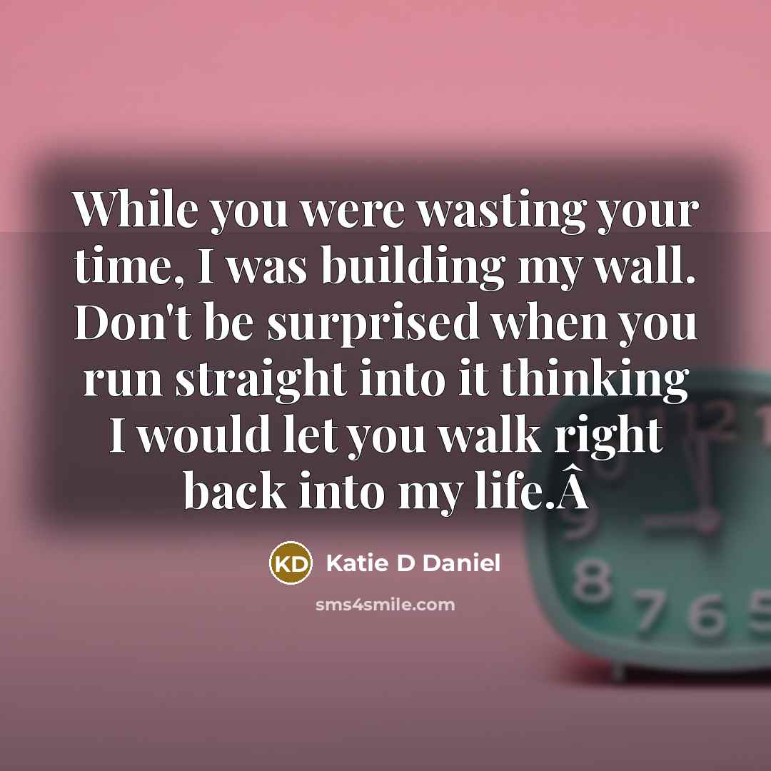“While you were wasting your time, I was building my wall. Don't be surprised when you run straight into it thinking I would let you walk right back into my life.Â” quote by Katie D Daniel