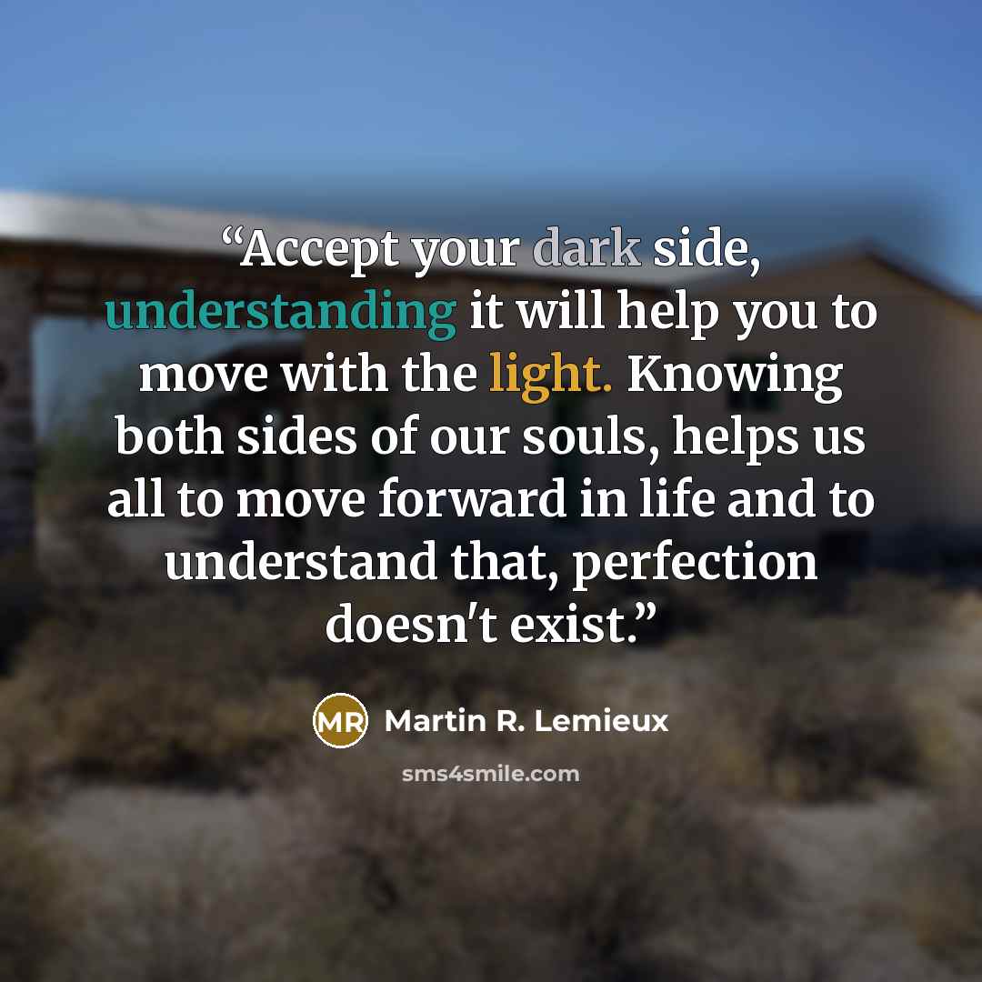 “Accept your dark side, understanding it will help you to move with the light. Knowing both sides of our souls, helps us all to move forward in life and to understand that, perfection doesn't exist.” quote by Martin R. Lemieux