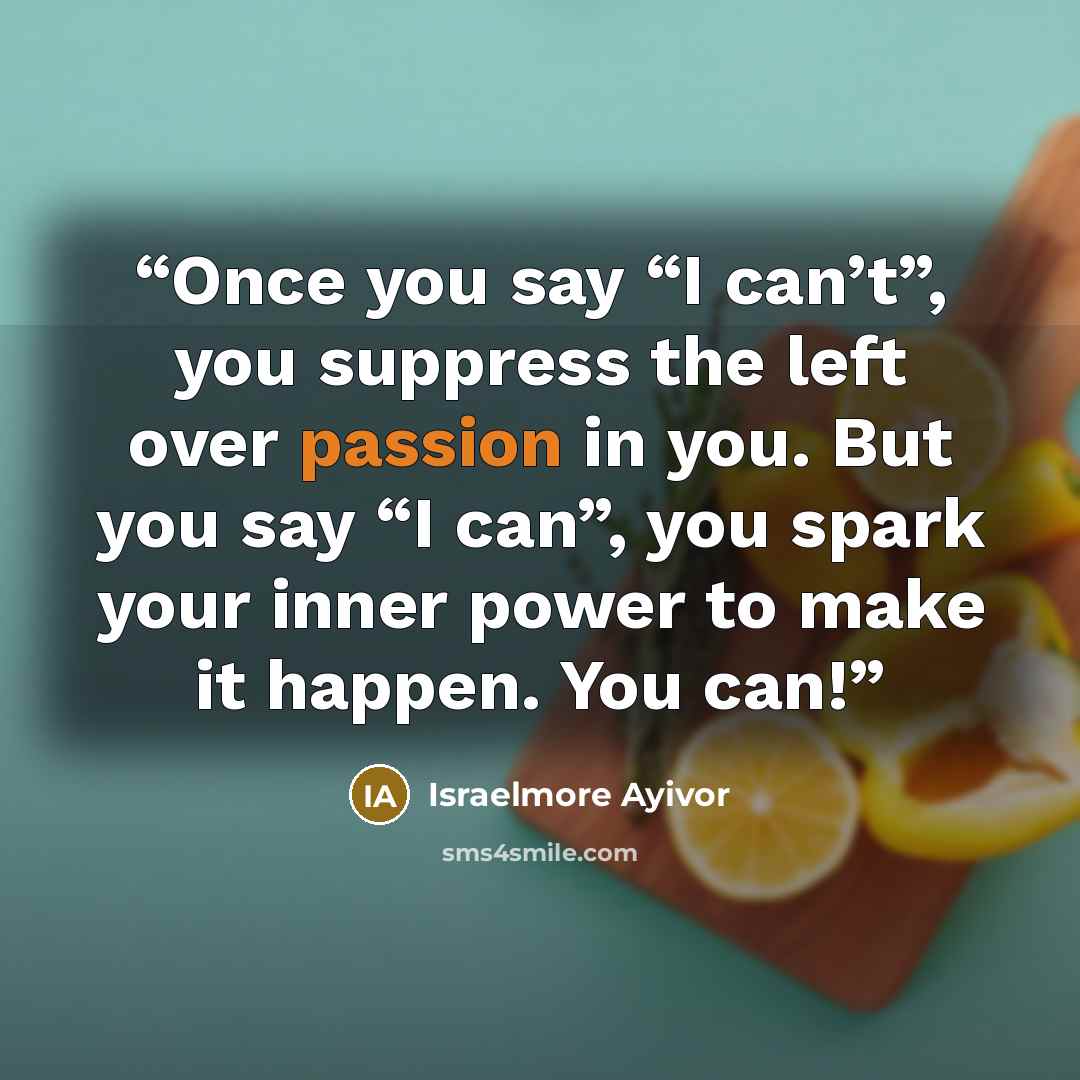“Once you say “I can’t”, you suppress the left over passion in you. But you say “I can”, you spark your inner power to make it happen. You can!” quote by Israelmore Ayivor