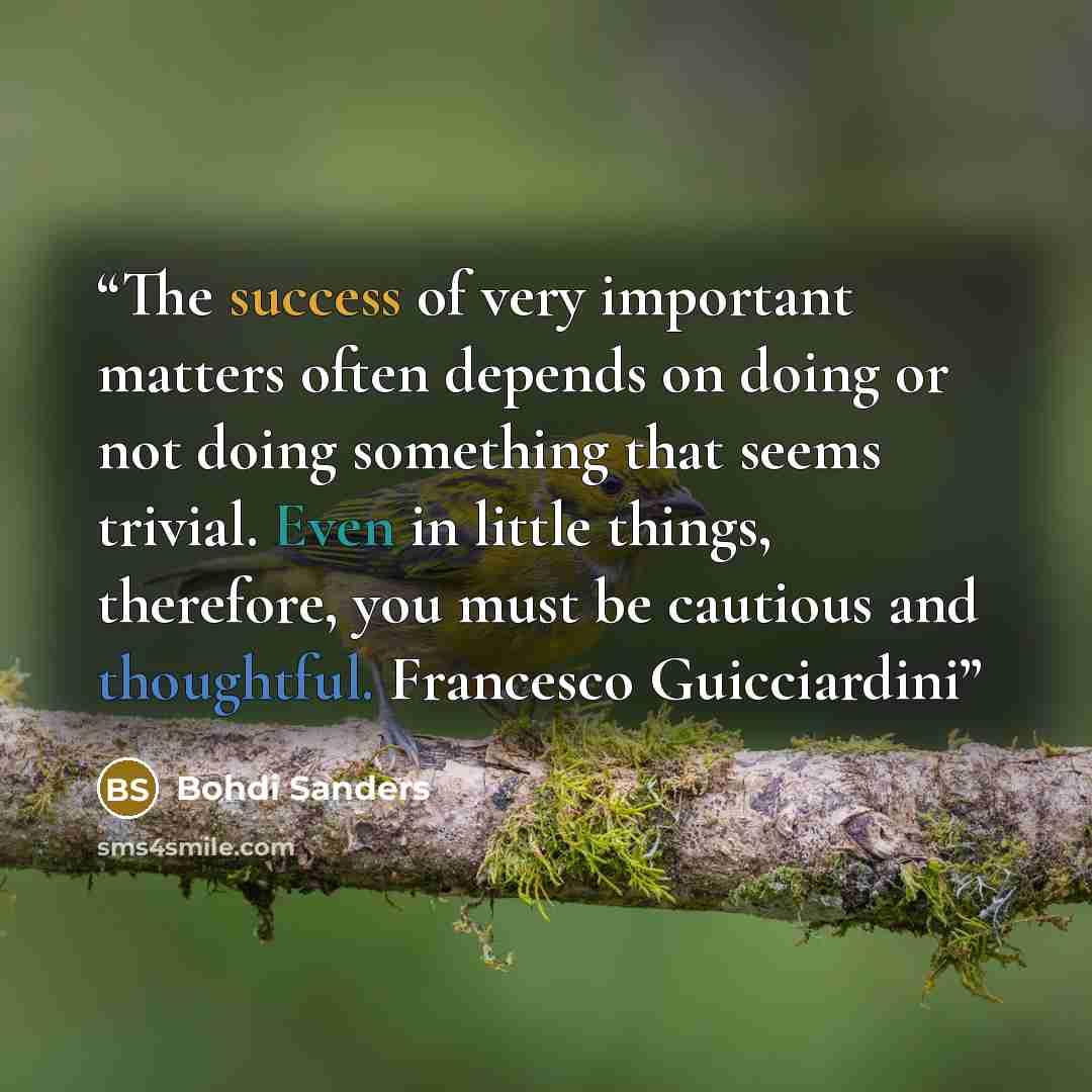 “The success of very important matters often depends on doing or not doing something that seems trivial. Even in little things, therefore, you must be cautious and thoughtful. Francesco Guicciardini” quote by Bohdi Sanders