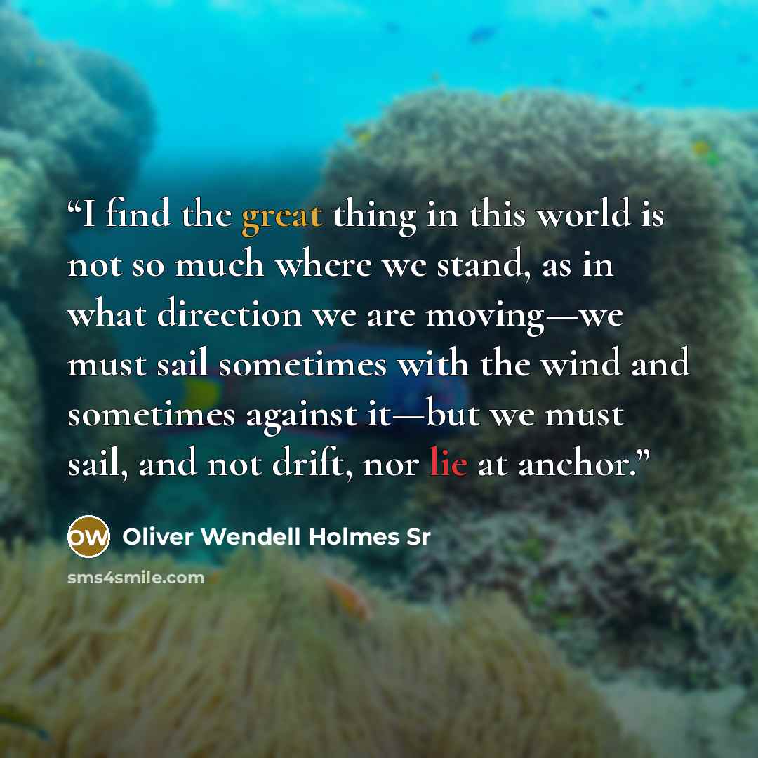 “I find the great thing in this world is not so much where we stand, as in what direction we are moving—we must sail sometimes with the wind and sometimes against it—but we must sail, and not drift, nor lie at anchor.” quote by Oliver Wendell Holmes Sr