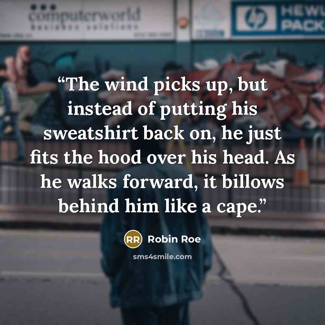“The wind picks up, but instead of putting his sweatshirt back on, he just fits the hood over his head. As he walks forward, it billows behind him like a cape.” quote by Robin Roe