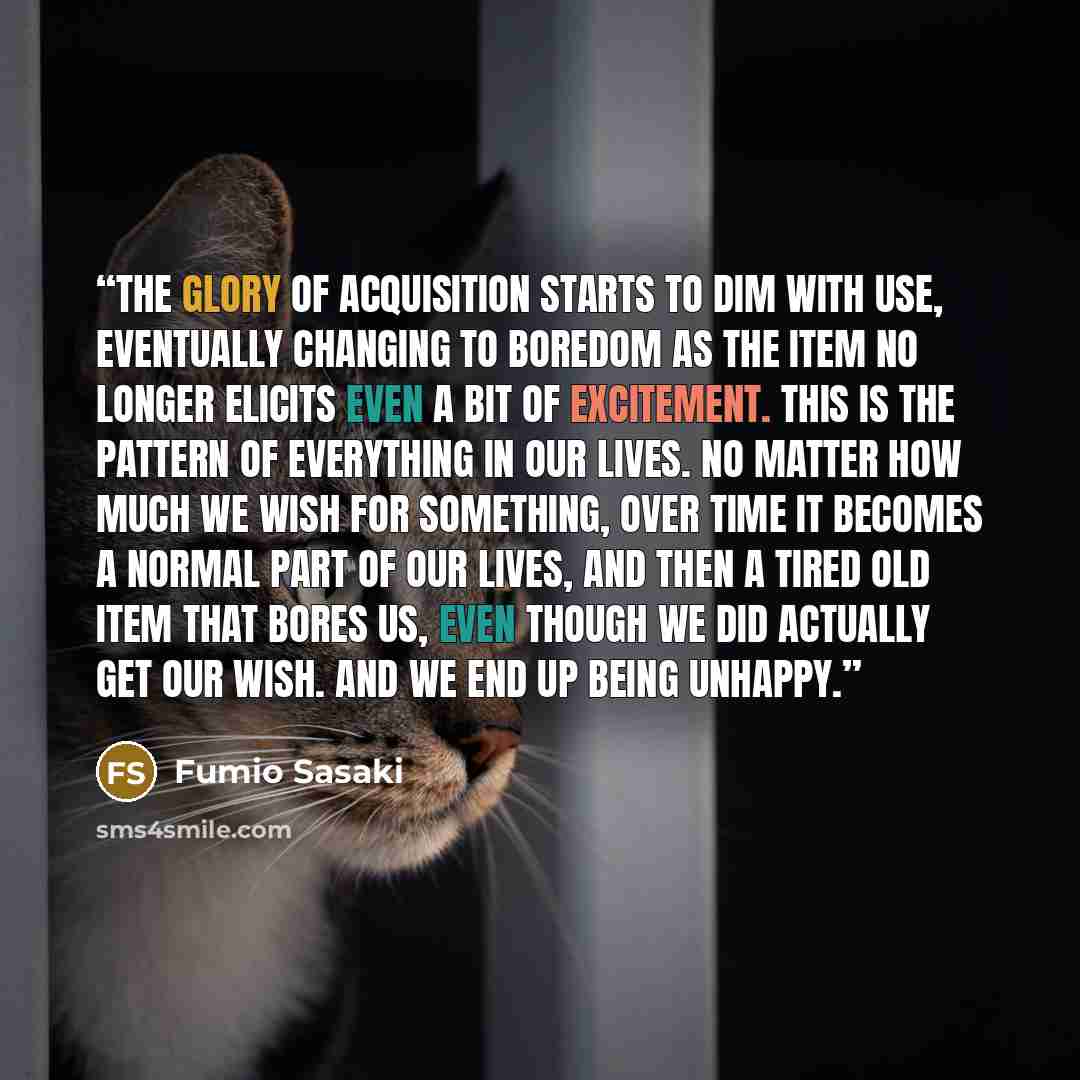 “The glory of acquisition starts to dim with use, eventually changing to boredom as the item no longer elicits even a bit of excitement. This is the pattern of everything in our lives. No matter how much we wish for something, over time it becomes a normal part of our lives, and then a tired old…” quote by Fumio Sasaki