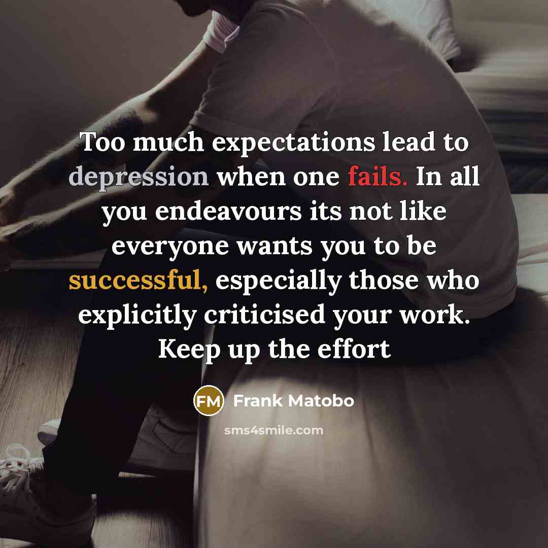 “Too much expectations lead to depression when one fails. In all you endeavours its not like everyone wants you to be successful, especially those who explicitly criticised your work. Keep up the effort” quote by Frank Matobo