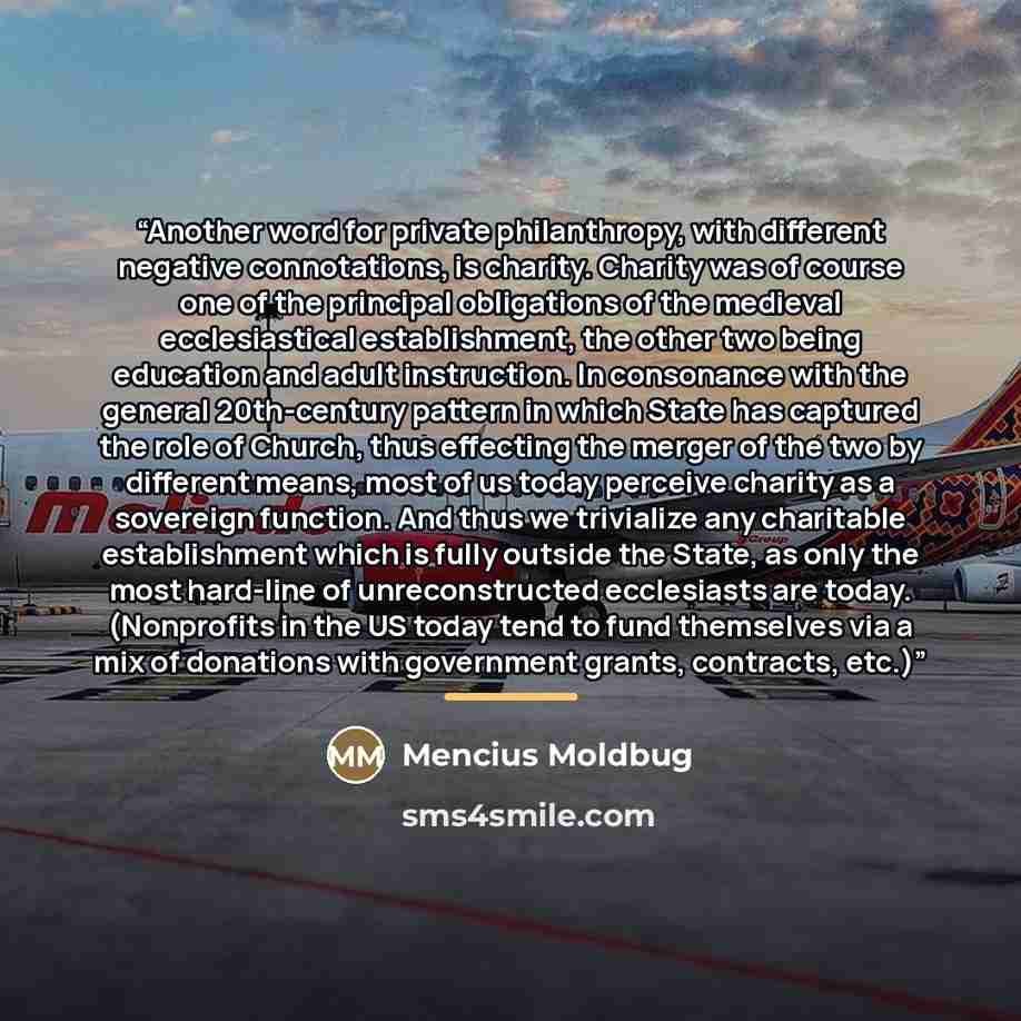 “Another word for private philanthropy, with different negative connotations, is charity. Charity was of course one of the principal obligations of the medieval ecclesiastical establishment, the other two being education and adult instruction. In consonance with the general 20th-century pattern in…” quote by Mencius Moldbug
