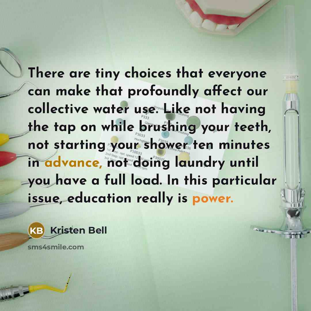 “There are tiny choices that everyone can make that profoundly affect our collective water use. Like not having the tap on while brushing your teeth, not starting your shower ten minutes in advance, not doing laundry until you have a full load. In this particular issue, education really is power.” quote by Kristen Bell