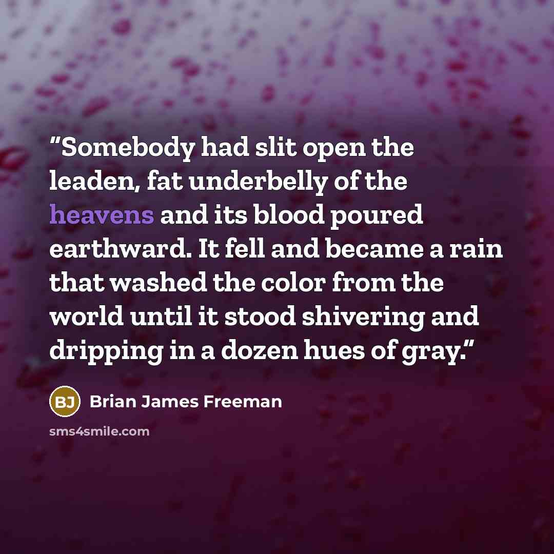 “Somebody had slit open the leaden, fat underbelly of the heavens and its blood poured earthward. It fell and became a rain that washed the color from the world until it stood shivering and dripping in a dozen hues of gray.” quote by Brian James Freeman