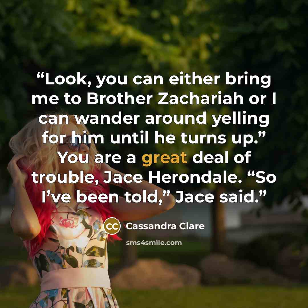 “Look, you can either bring me to Brother Zachariah or I can wander around yelling for him until he turns up.” You are a great deal of trouble, Jace Herondale. “So I’ve been told,” Jace said.” quote by Cassandra Clare