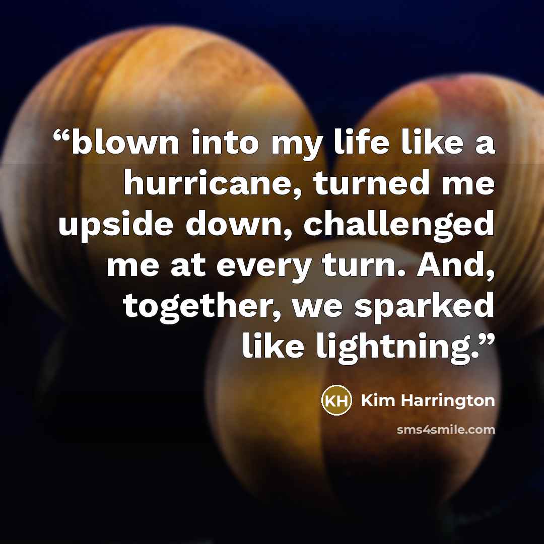 “blown into my life like a hurricane, turned me upside down, challenged me at every turn. And, together, we sparked like lightning.” quote by Kim Harrington