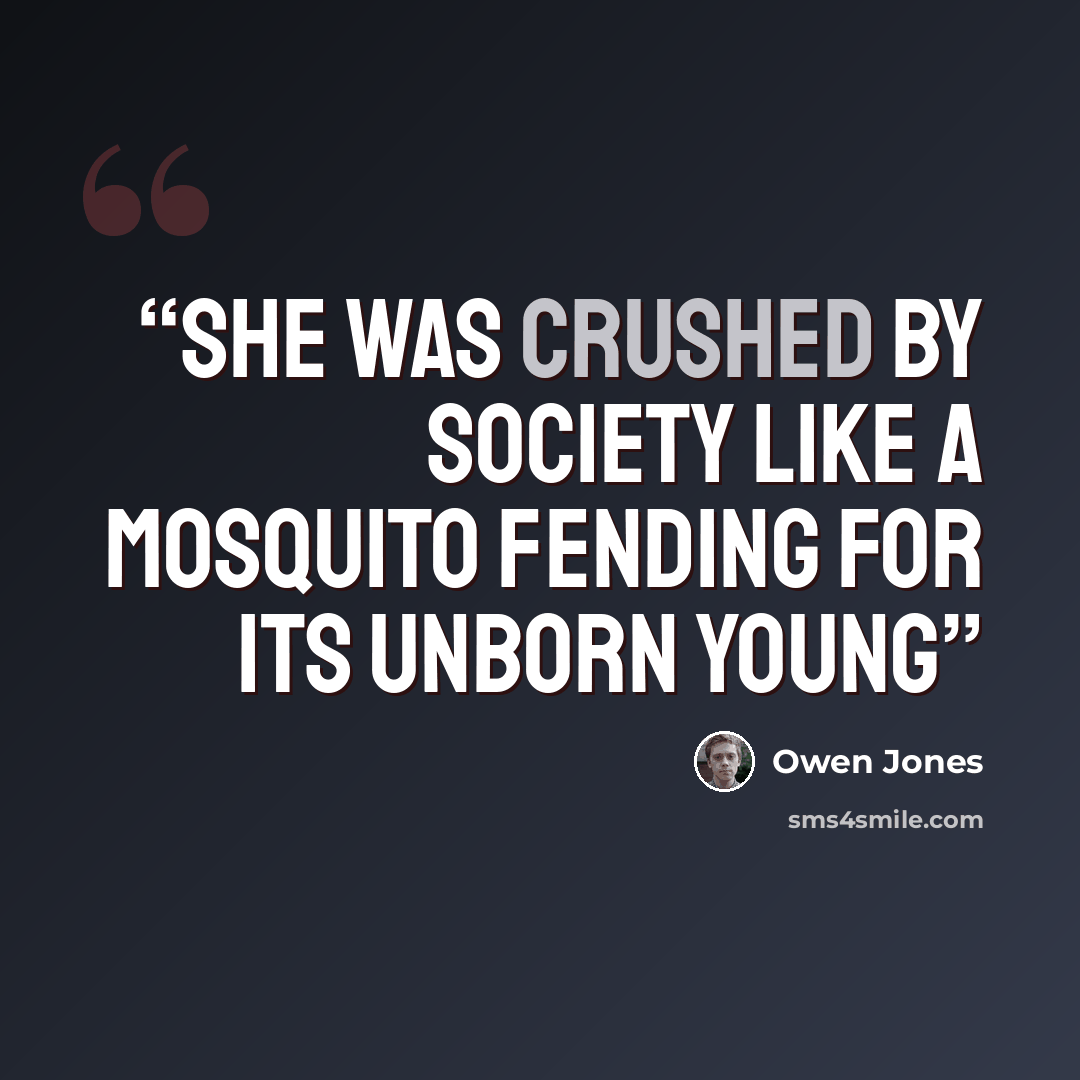 “She was crushed by society like a mosquito fending for its unborn young” quote by Owen Jones