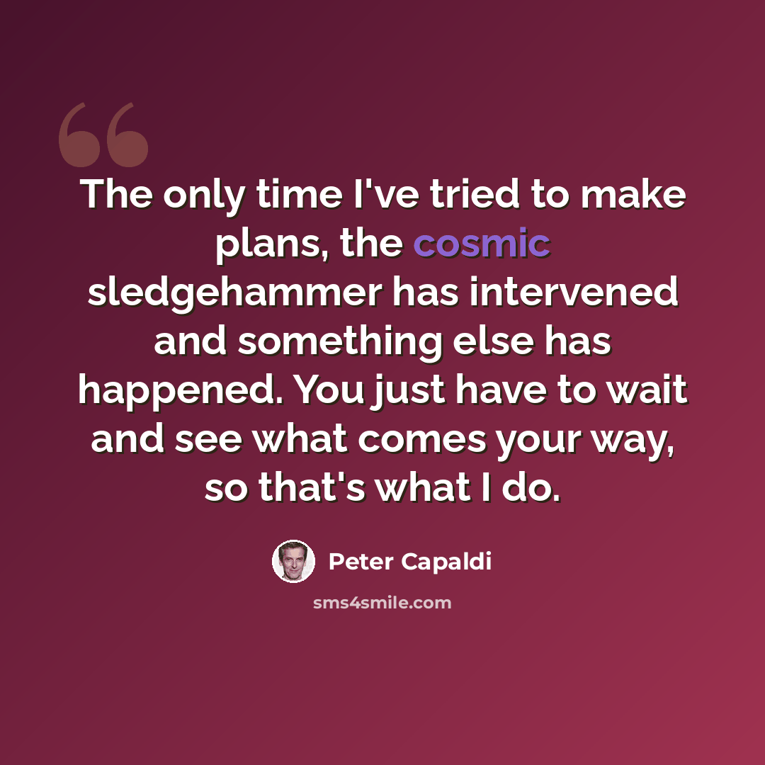 “The only time I've tried to make plans, the cosmic sledgehammer has intervened and something else has happened. You just have to wait and see what comes your way, so that's what I do.” quote by Peter Capaldi
