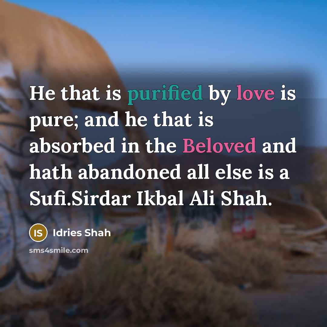“He that is purified by love is pure; and he that is absorbed in the Beloved and hath abandoned all else is a Sufi.Sirdar Ikbal Ali Shah.” quote by Idries Shah