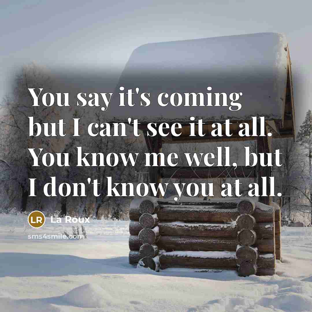 “You say it's coming but I can't see it at all. You know me well, but I don't know you at all.” quote by La Roux