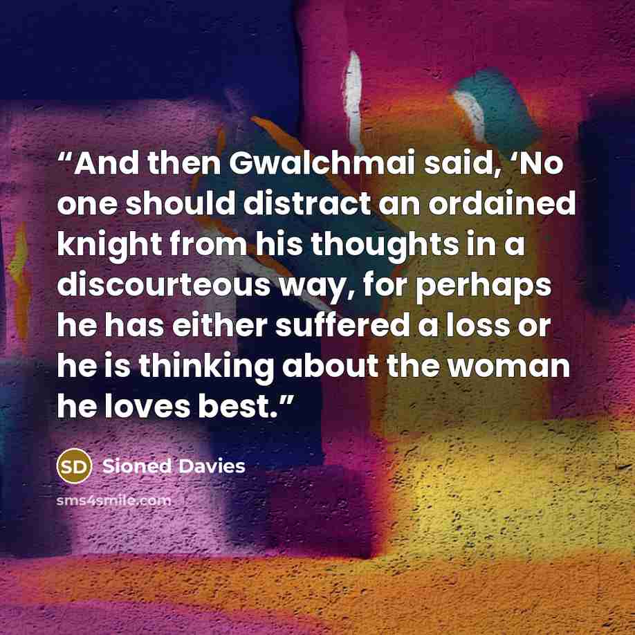 “And then Gwalchmai said, ‘No one should distract an ordained knight from his thoughts in a discourteous way, for perhaps he has either suffered a loss or he is thinking about the woman he loves best.” quote by Sioned Davies