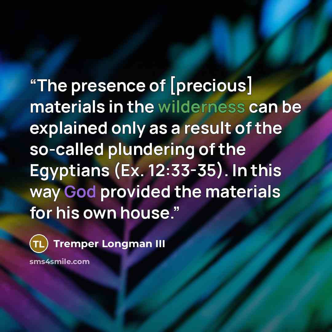 “The presence of [precious] materials in the wilderness can be explained only as a result of the so-called plundering of the Egyptians (Ex. 12:33-35). In this way God provided the materials for his own house.” quote by Tremper Longman III