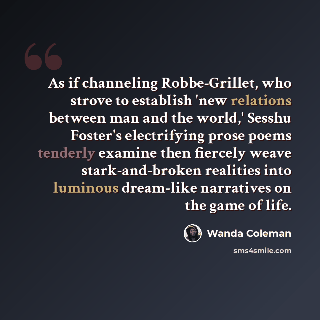 “As if channeling Robbe-Grillet, who strove to establish 'new relations between man and the world,' Sesshu Foster's electrifying prose poems tenderly examine then fiercely weave stark-and-broken realities into luminous dream-like narratives on the game of life.” quote by Wanda Coleman