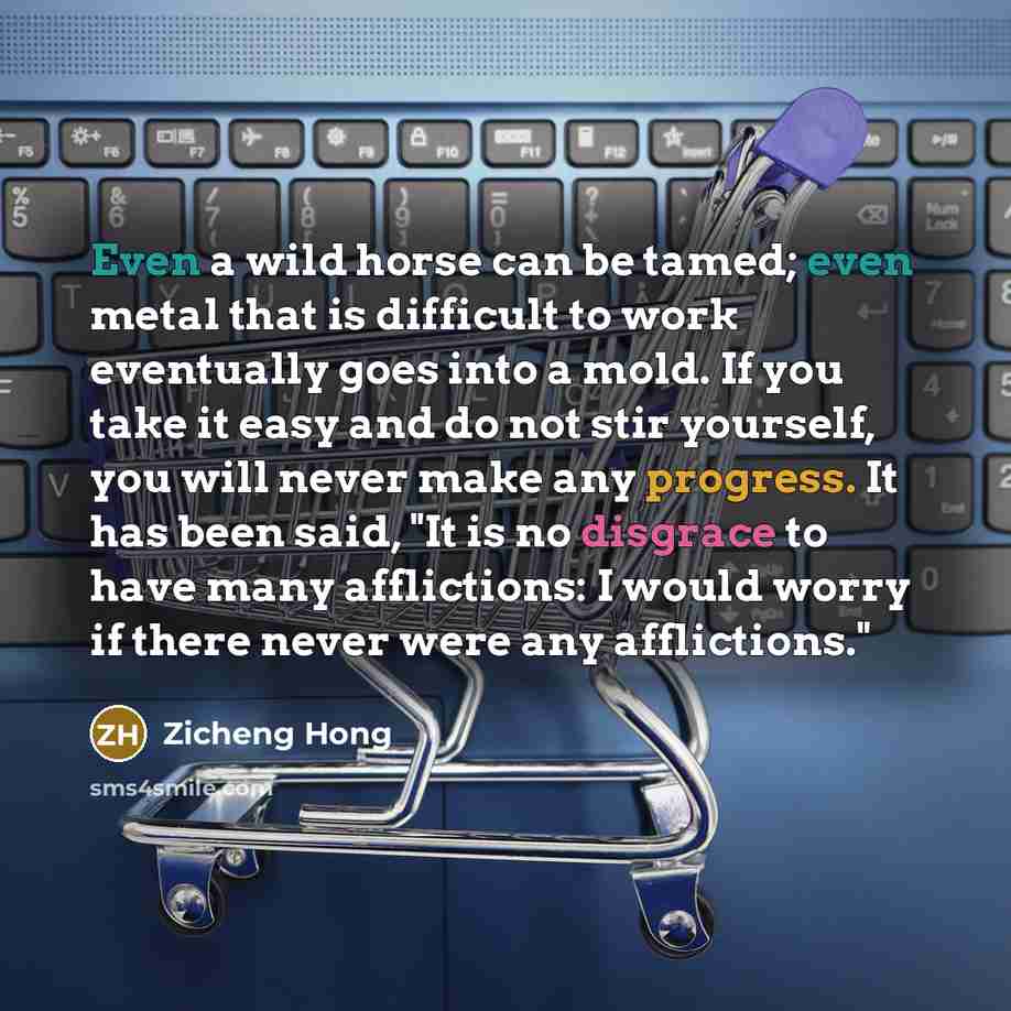 “Even a wild horse can be tamed; even metal that is difficult to work eventually goes into a mold. If you take it easy and do not stir yourself, you will never make any progress. It has been said, "It is no disgrace to have many afflictions: I would worry if there never were any afflictions."” quote by Zicheng Hong