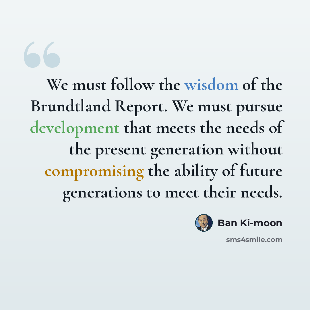 “We must follow the wisdom of the Brundtland Report. We must pursue development that meets the needs of the present generation without compromising the ability of future generations to meet their needs.” quote by Ban Ki-moon