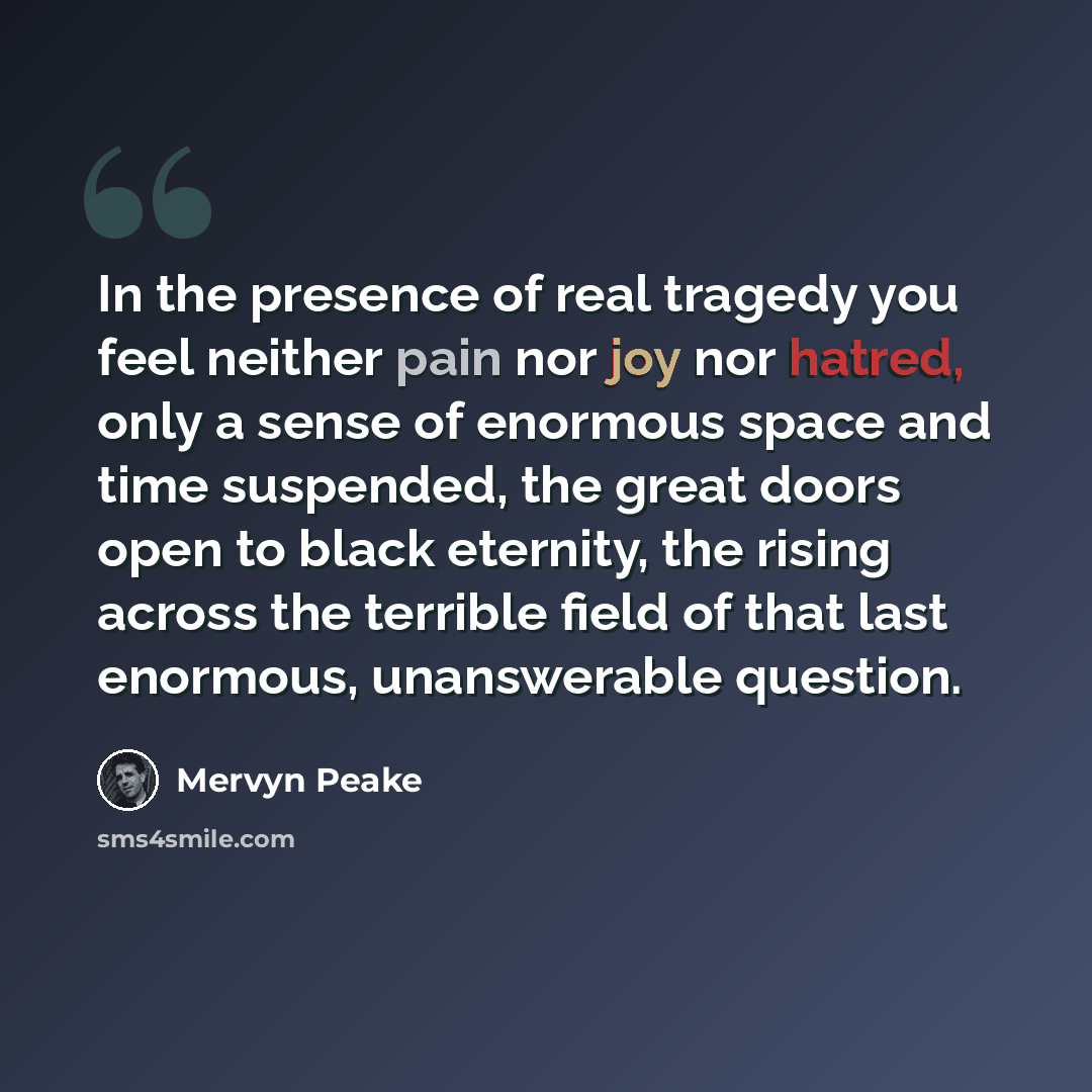 “In the presence of real tragedy you feel neither pain nor joy nor hatred, only a sense of enormous space and time suspended, the great doors open to black eternity, the rising across the terrible field of that last enormous, unanswerable question.” quote by Mervyn Peake