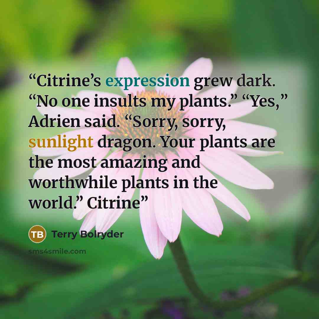 “Citrine’s expression grew dark. “No one insults my plants.” “Yes,” Adrien said. “Sorry, sorry, sunlight dragon. Your plants are the most amazing and worthwhile plants in the world.” Citrine” quote by Terry Bolryder