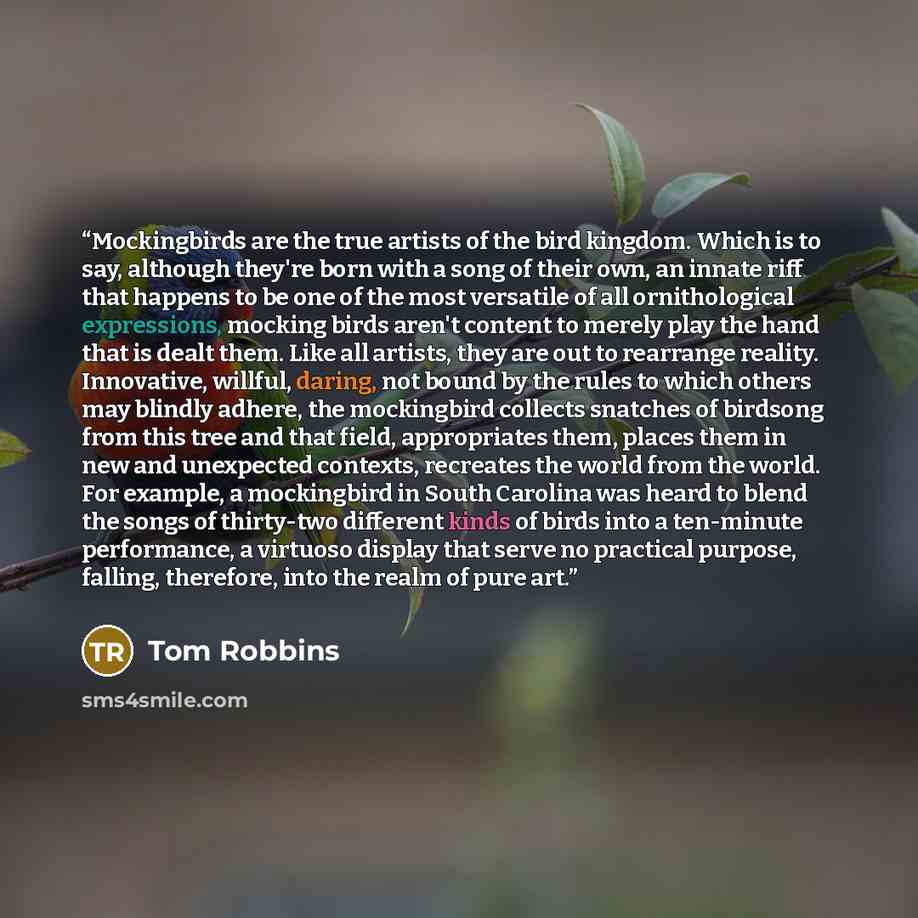 “Mockingbirds are the true artists of the bird kingdom. Which is to say, although they're born with a song of their own, an innate riff that happens to be one of the most versatile of all ornithological expressions, mocking birds aren't content to merely play the hand that is dealt them. Like all…” quote by Tom Robbins